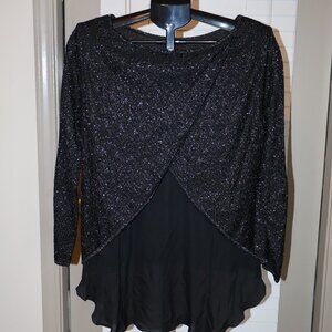 St. John Black Silk Blouse – Silver Sparkle & Crossover Back (M)